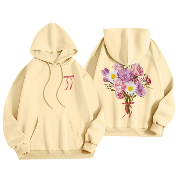 Women's Embroidery Hoodies for Teen Girls Floral Printed Graphic Drawstring Loose Fit Hooded Pullover Sweatshirt 08-Yellow S