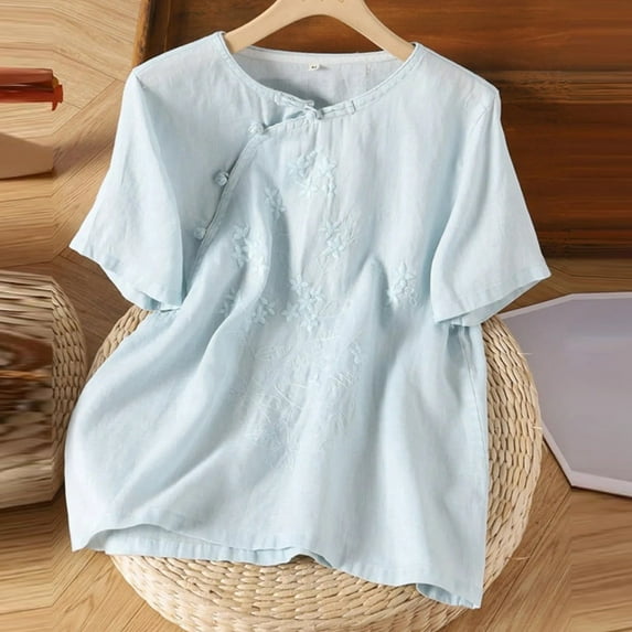 TYGHBN Women's Embroidery Loose Large Size Placket Buttoned Literary Vintage and Linen Top Women's Short Sleeve Tops T Shirt Women Stripe Shirt Casual Raglan Tee Opaque Shirts for Women Loose Fit