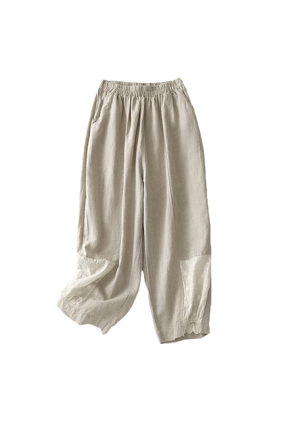 Women's Embroidery Patchwork Loose Casual High Waist Comfortable Trousers with Elastic Waistband for Daily Wear