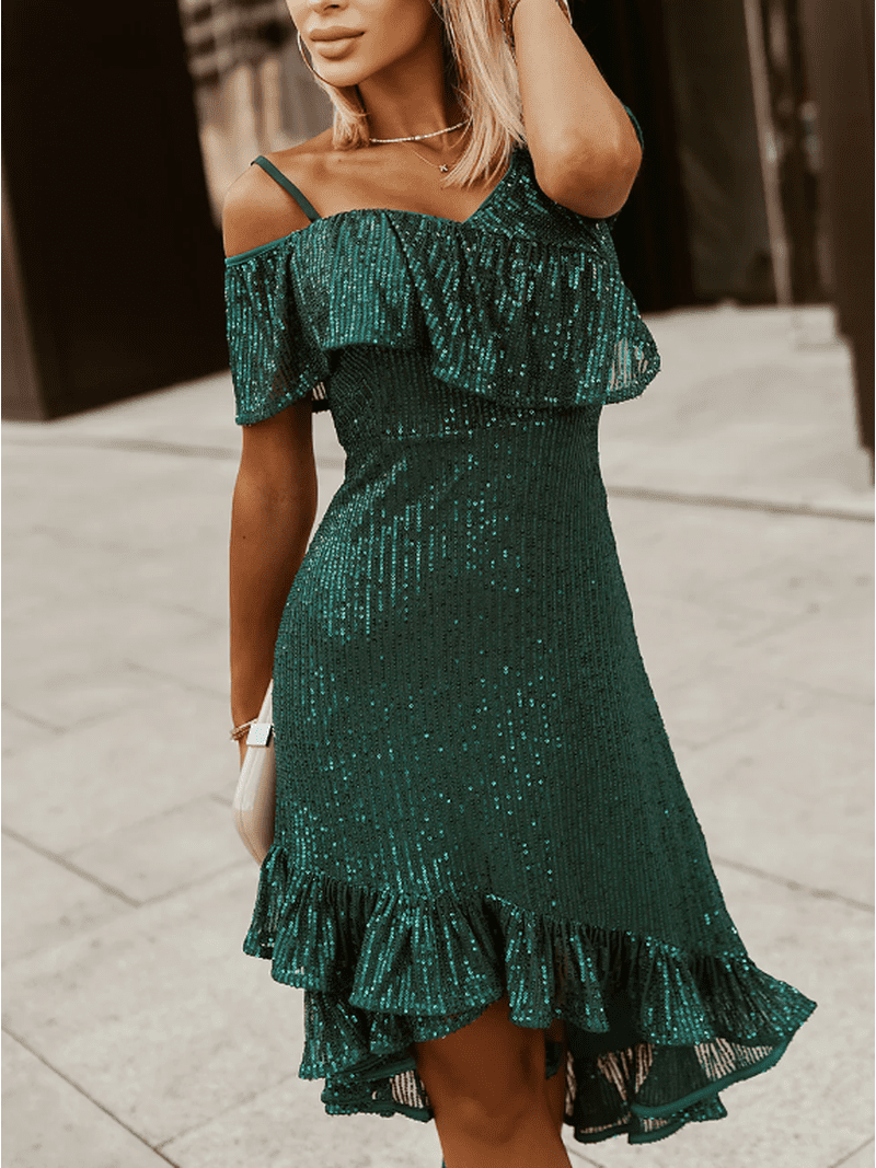 emerald green midi bodycon dress Zanvylia Women's Emerald Green Lace Midi Dress, Asymmetric Cold Shoulder Ruffled V-Neck Bodycon Sequin Cocktail Dress, Size: 4XL
