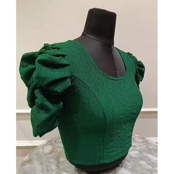 Women's Emerald Green Textured Puff Sleeve Crop Blouse – Elegant Party & Festive Wear