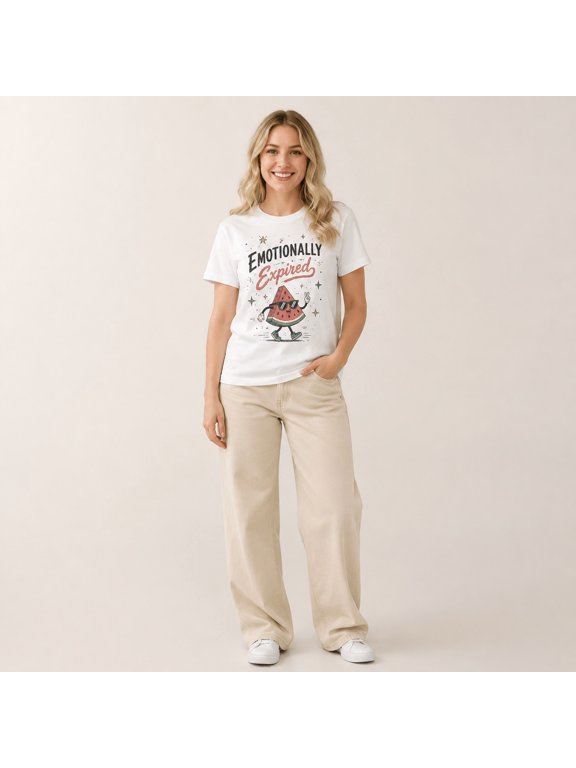 Women's Emotionally Expired Watermelon Graphic White Short Sleeve Crew Neck T-Shirt for Summer Casual Wear