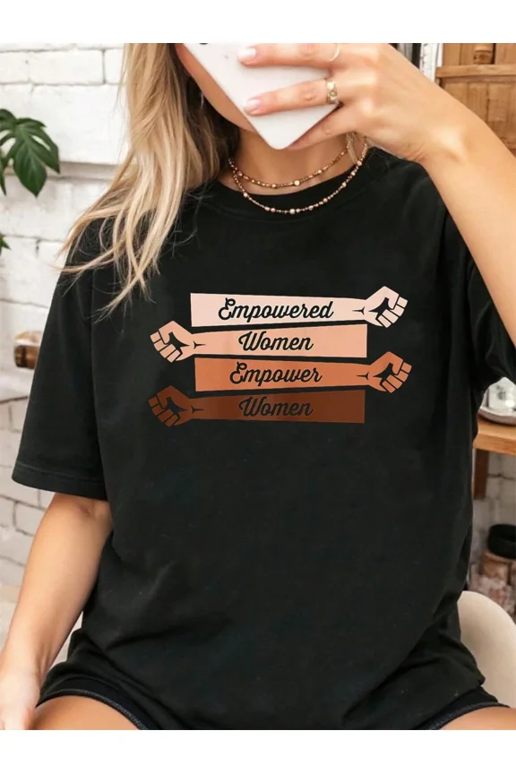 Women's Empowered Women Empower Women Graphic T-Shirt, Short Sleeve Feminist Motivational Tee, Black