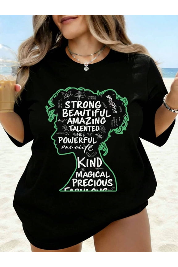 Women's Empowerment Graphic T-Shirt - Positive Affirmations Silhouette Black Short Sleeve Tee - Comfortable Casual Apparel for Women