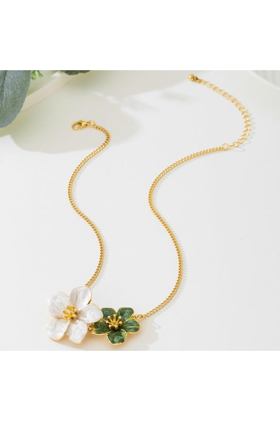 Women's Enamel Flower Pendant Necklace with Gold Chain - Green and White