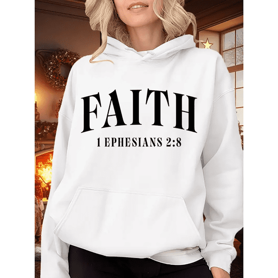 Women's Ephesians 2:8 "Faith" Graphic Breathable Hoodie Casual Comfortable Hooded long-sleeved White S-2XL