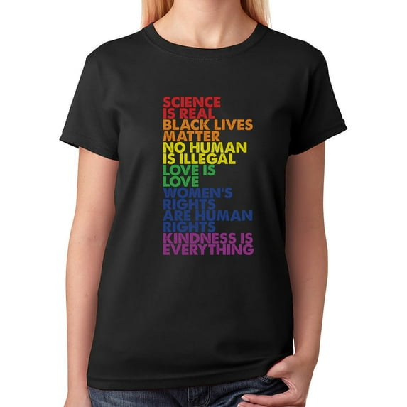 Women's Equality & LGBT Support Pride T-Shirt - Love is Love Quote - Gay Pride Rainbow Round Neck Shirt - Large Black