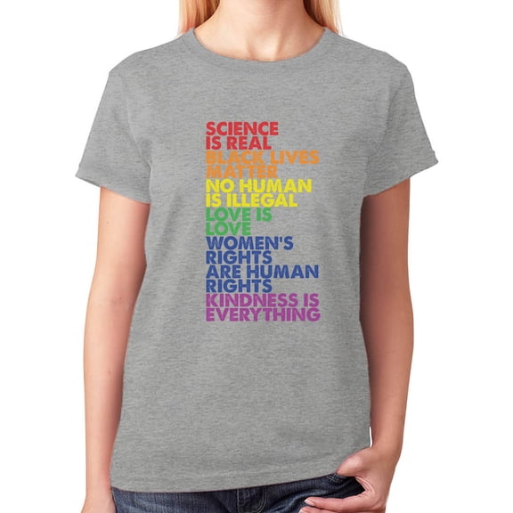 Women's Equality & LGBT Support Pride T-Shirt - Love is Love Quote - Gay Pride Rainbow Round Neck Shirt - Large Gray