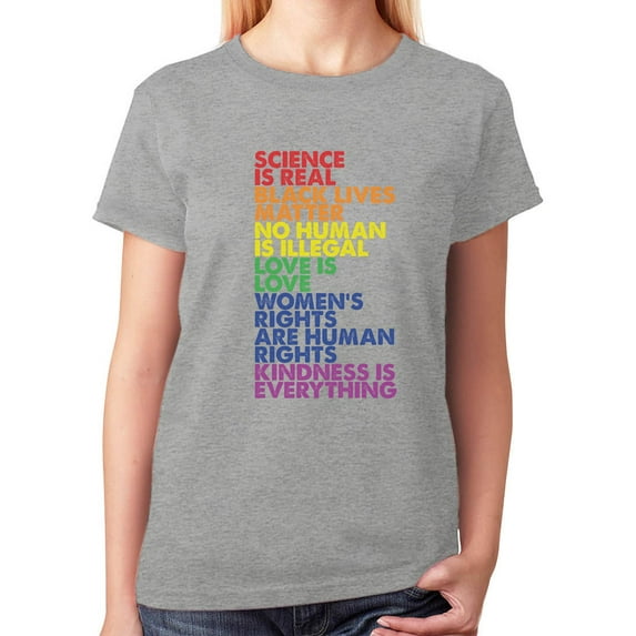 Women's Equality & LGBT Support Pride T-Shirt - Love is Love Quote - Gay Pride Rainbow Round Neck Shirt - Large Gray