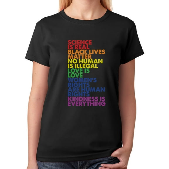 Women's Equality & LGBT Support Pride T-Shirt - Love is Love Quote - Gay Pride Rainbow Round Neck Shirt - Medium Black