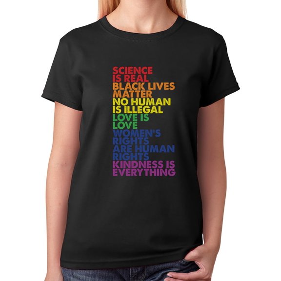 Women's Equality & LGBT Support Pride T-Shirt - Love is Love Quote - Gay Pride Rainbow Round Neck Shirt - XX-Large Black
