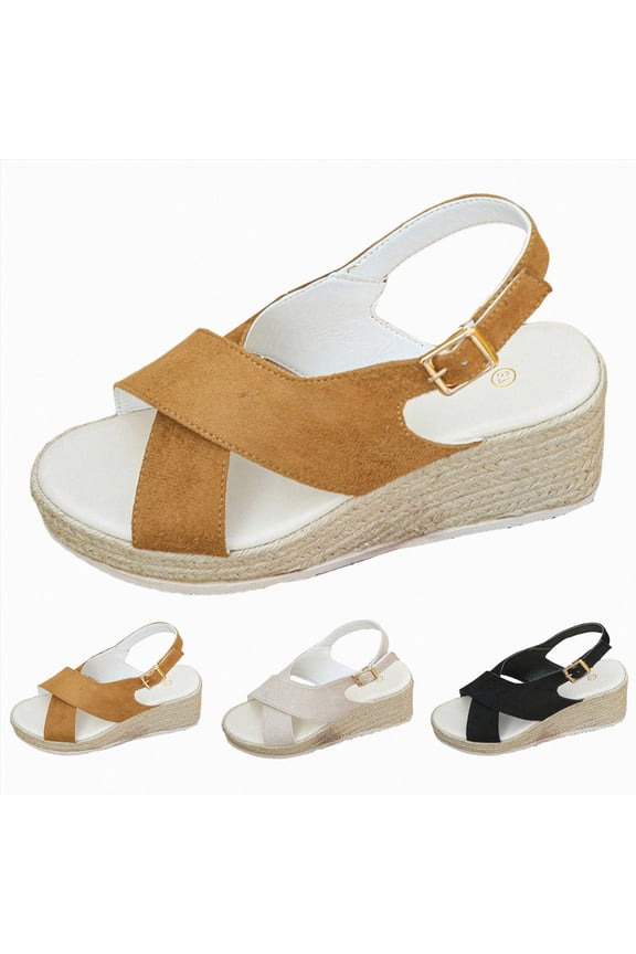 Women's Espadrille Platform Wedge Sandals Comfortable Casual Ankle Strap Open Toe Slip on Shoes with Arch Support for Summer Work Vacation Khaki Size 8