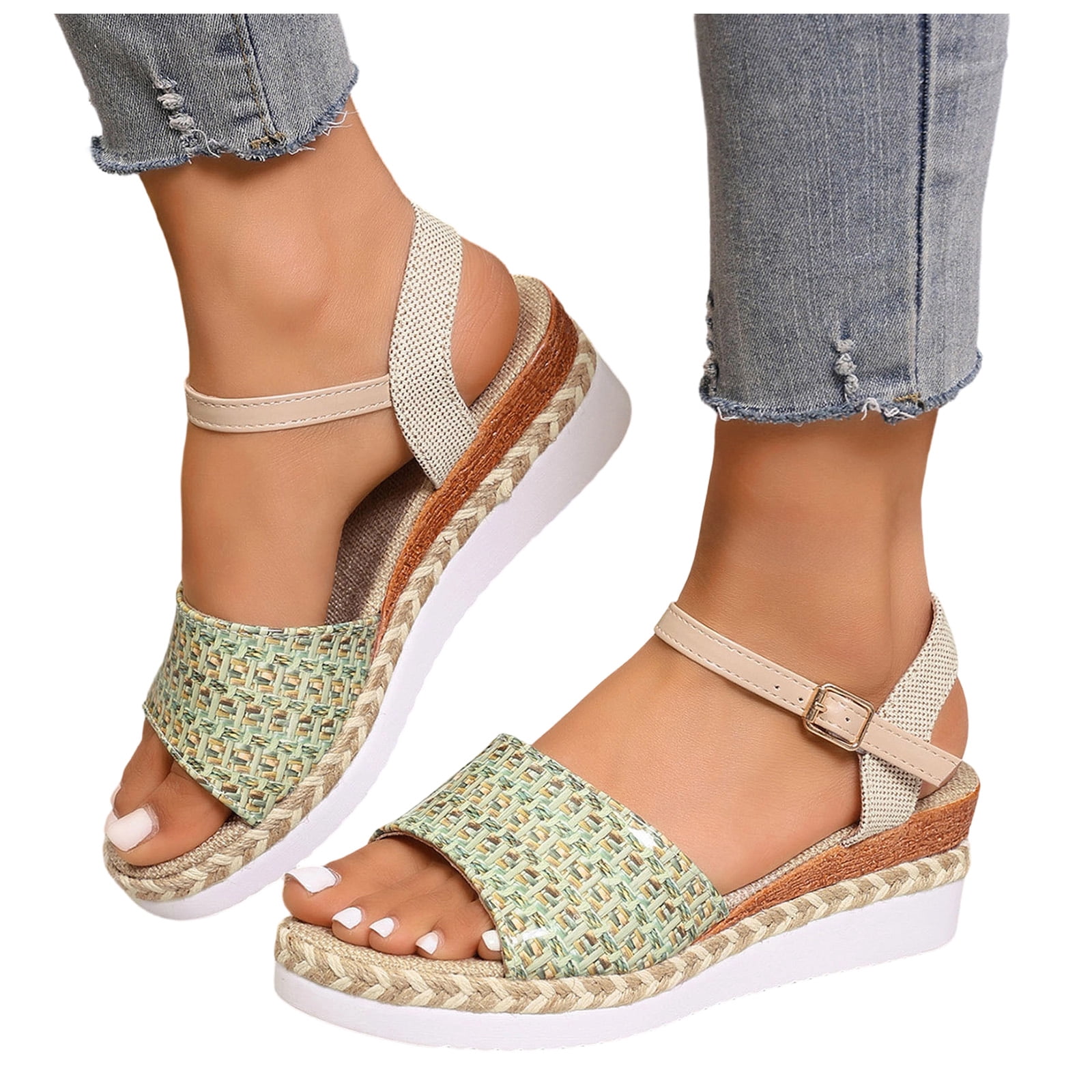 green dress white wedges Mostsola Women's Espadrille Wedge Sandals Ankle Strap Platform Open Toe Boho Braided Band Wedges Heels Beach Vacation Dress Shoes Light Green Size 6.5