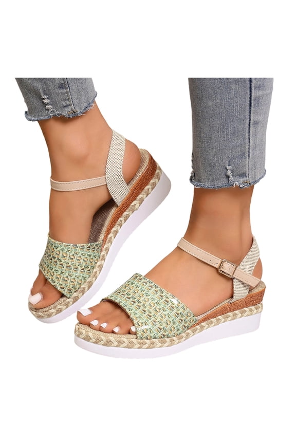 Women's Espadrille Wedge Sandals Ankle Strap Platform Open Toe Boho Braided Band Wedges Heels Beach Vacation Dress Shoes Light Green Size 9