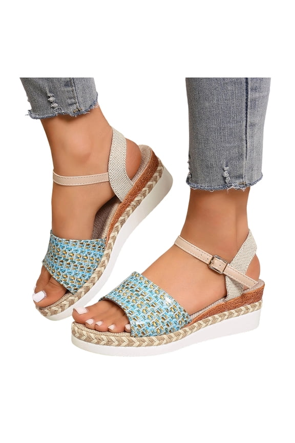 Women's Espadrille Wedge Sandals Ankle Strap Platform Open Toe Boho Braided Band Wedges Heels Beach Vacation Dress Shoes Sky Blue Size 6.5