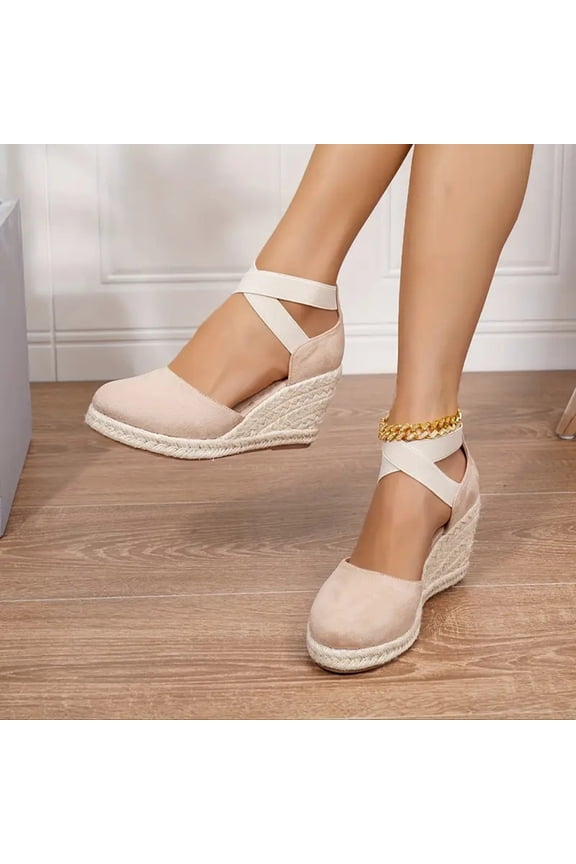 Women's Espadrille Wedge Sandals, Closed Toe Ankle Strap Platform Heels, Comfortable Casual Footwear for Summer, Daily Wear Beige 38