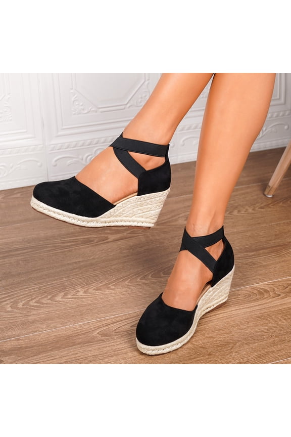 Women's Espadrille Wedge Sandals, Closed Toe Ankle Strap Platform Heels, Comfortable Casual Footwear for Summer, Daily Wear Black 43