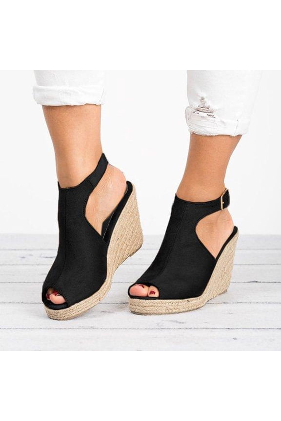 Women's Espadrille Wedge Sandals, Open Toe Ankle Strap Platform Heels, Casual Summer Shoes for Beach, Vacation, Daily Wear Black 38
