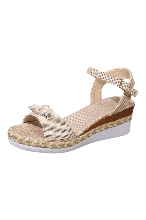 Women's Espadrille Wedge Sandals Open Toes Lightweight Walking Shoes Ankle Strap Non Slip Beach Sandal Beige Size 6