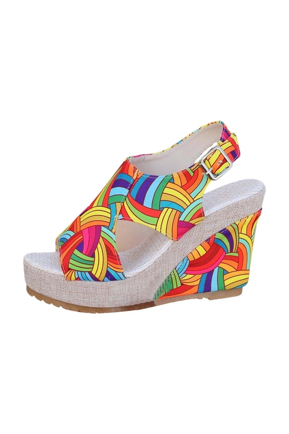 Women's Espadrille Wedge Sandals Rainbow Pattern Ankle Strap Open Toe Platform High Heel Sandals Dress Shoes