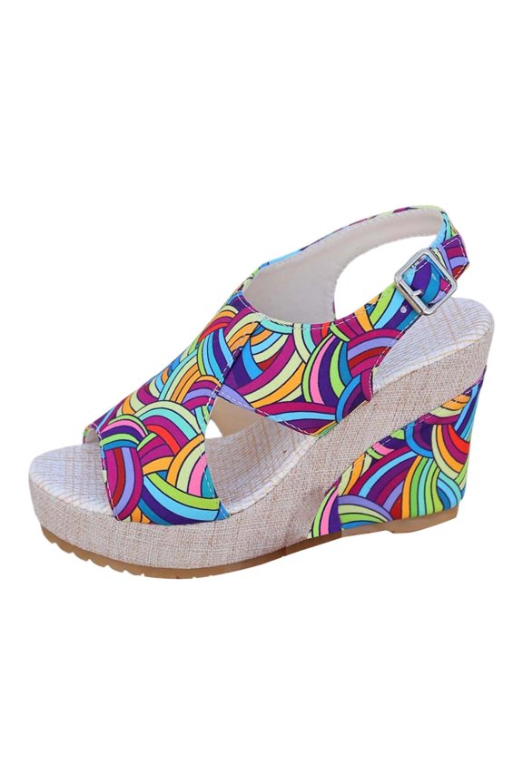 Women's Espadrille Wedge Sandals Rainbow Pattern Ankle Strap Open Toe Platform High Heel Sandals Dress Shoes