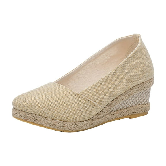 Women's Espadrille Wedge Shoes Platform Canvas Slip On Shoes Comfortable Breathable Low Heel Wedge Sandals Beige 37