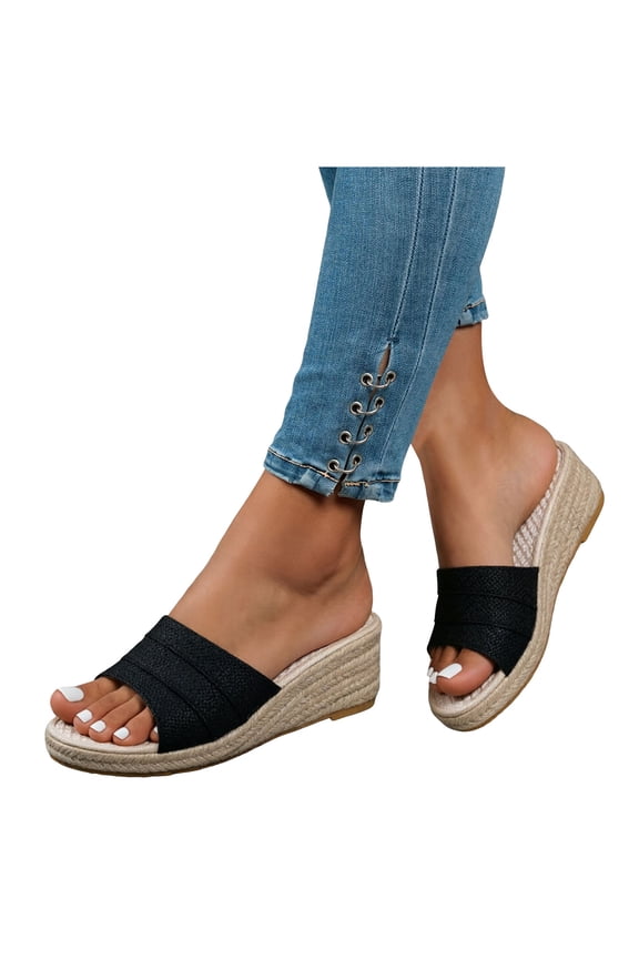 Women's Espadrille Wedge Slides Casual Open Toe Beach Sandals Comfortable Platform Mules Lightweight Non Slip Dress Slippers Black Size 8