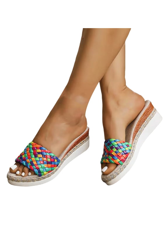 Women's Espadrilles Low Wedge Platform Sandals Open Toe Color Block Braided One Band Slip on Beach Dress Shoes Slides Multicolour Size 9.5