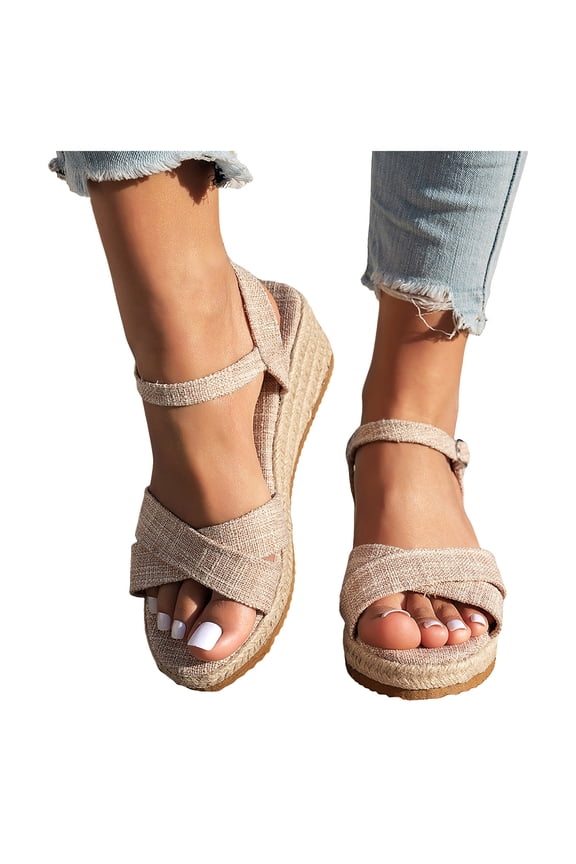 Women's Espadrilles Platform Wedge Sandals Beach Summer Linen Open Toe Ankle Strap Dress Sandals