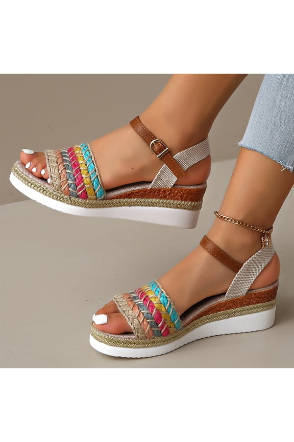 Women's Espadrilles Wedge Platform Sandals Flat Open Toe Ankle Strappy Slip on Boho Wide Width Sandals with Buckle Straps Woven Hemp Rope Wedge Platform for Outdoor Walking,Multicolor 40(US-7.5)