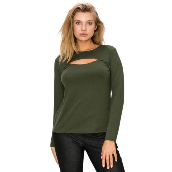 Women’s Essential Cut-out Crew Neck Top, Dark Olive, M