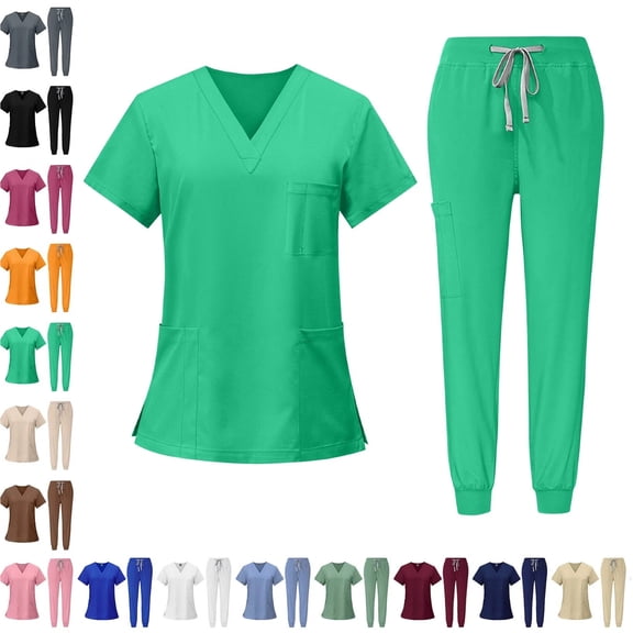 Women’s Essential Jogger Set – Stretch V-Neck Scrub Top & multi-Pocket Pant, Lightweight Nursing Uniform Army Green S