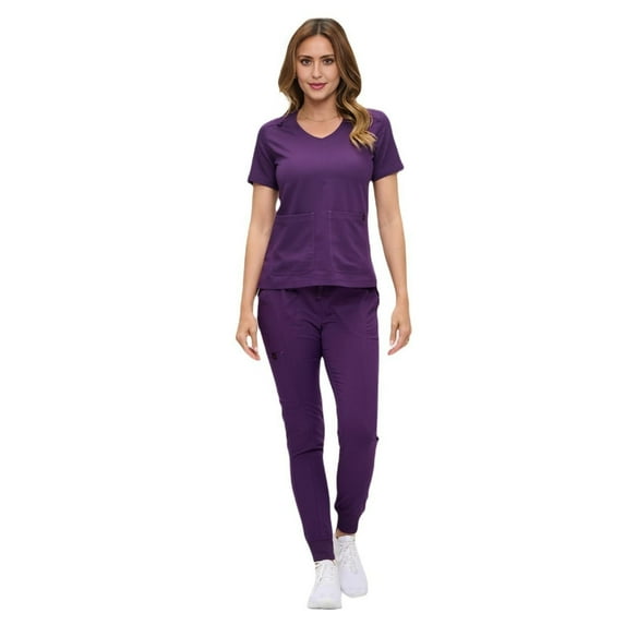 ACTIVE UNIFORMS Women’s Ultra-Soft Luxe Stretch Jogger Scrub Set V-Neck Top & Jogger Pants with Pockets - Regular & Petite Size (Eggplant, X-Small)