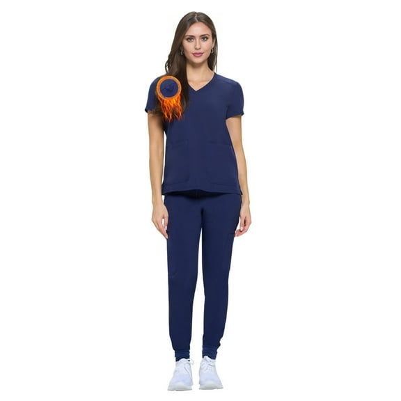 Women's Essential Scrub Set Cool Stretch Jogger Scrub Top and Pant (X-Small, True Navy Blue)