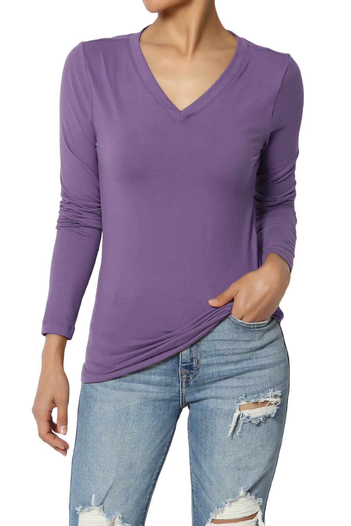 T-shirt Manches Longues Femme Col En V - Coupe Ample Et Légère - Basique Uni Pour Toutes Les Occasions