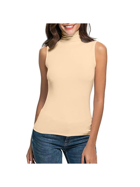 Women's Essential Solid Color Turtleneck Sleeveless Tank Top, Slim Fit Casual Blouse for Everyday Wear, Summer Lounge Comfort, and Versatile Layering Under Cardigans or Light Jackets Beige L