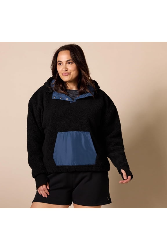 Women's Essential Teddy Fleece Quarter Button Hooded Jacket -2XL