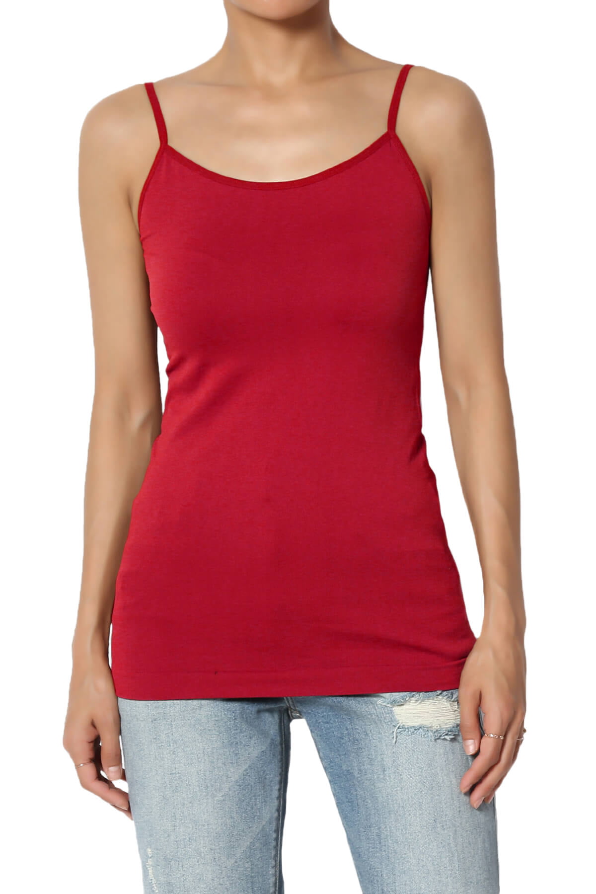 Tan spaghetti strap camisole shirt length tank top for layering. 92% nylon  and 8% spandex. One size fits most., 732441