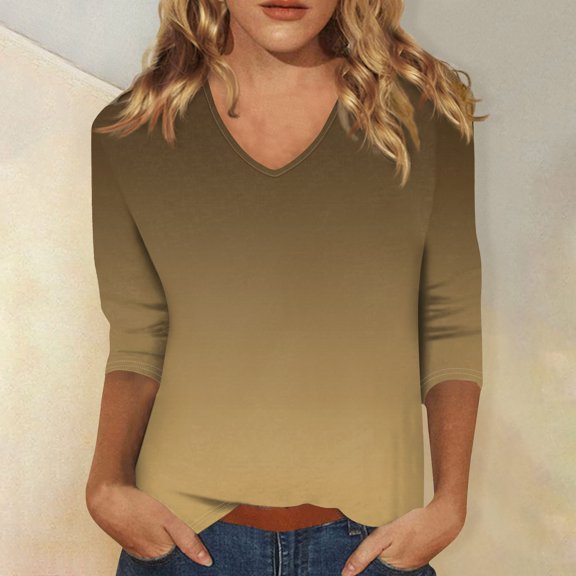 Women's Essentials T-Shirt Women's 3/4 Sleeve V-Neck Shirt Gradient Print Basic T-Shirt Casual Autumn Top