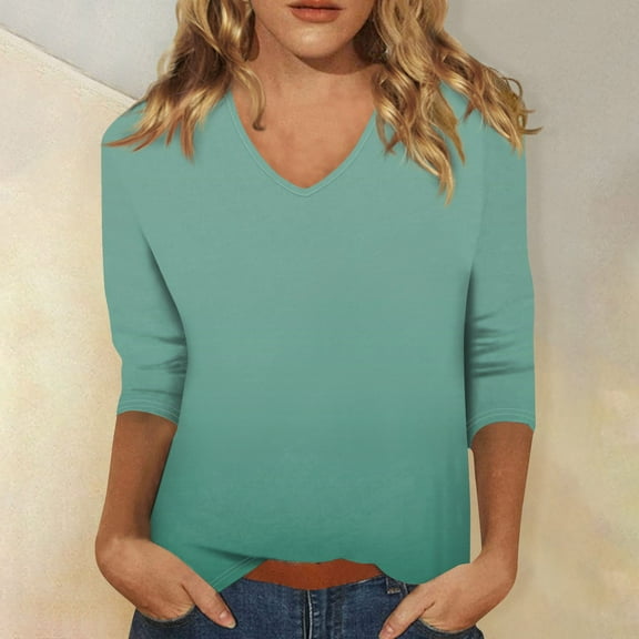 Women's Essentials T-Shirt Women's 3/4 Sleeve V-Neck Shirt Gradient Print Basic T-Shirt Casual Autumn Top