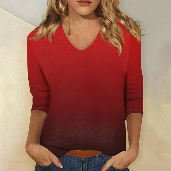 Women's Essentials T-Shirt Women's 3/4 Sleeve V-Neck Shirt Gradient Print Basic T-Shirt Casual Autumn Top