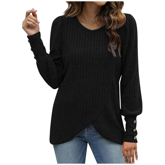 Women's Essentials T-Shirt Women's Fashionable Solid Color Round Neck Long Sleeved Hem Slit Casual T-shirt Top