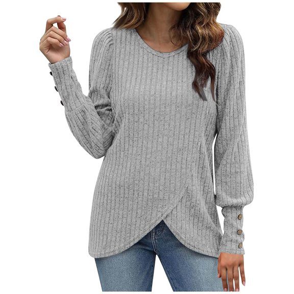 Women's Essentials T-Shirt Women's Fashionable Solid Color Round Neck Long Sleeved Hem Slit Casual T-shirt Top