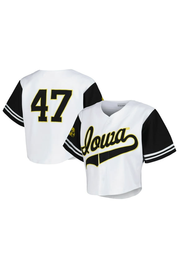 Women's Established & Co. White Iowa Hawkeyes Baseball Jersey Cropped T-Shirt