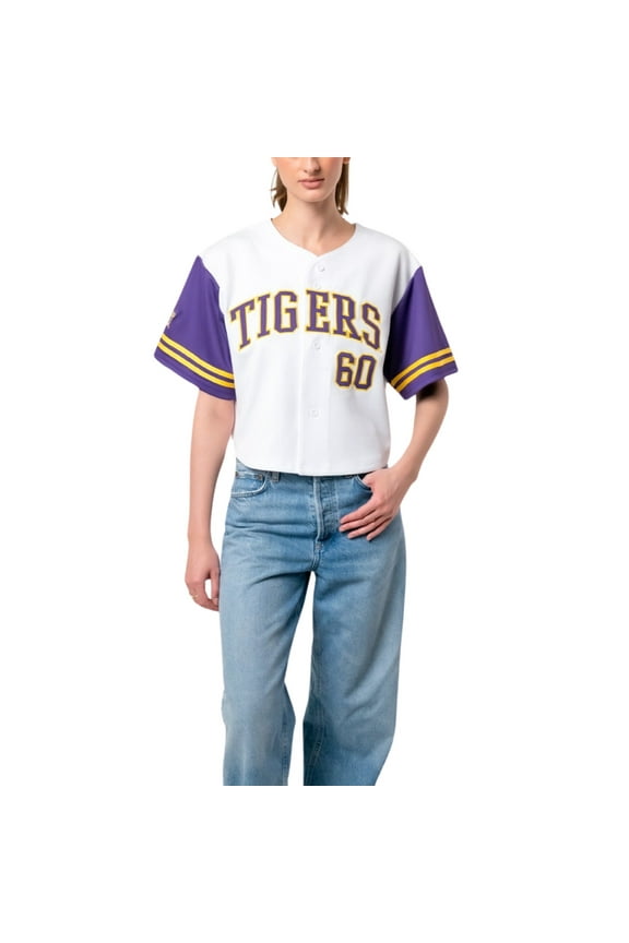Women's Established & Co. White LSU Tigers Baseball Jersey Cropped T-Shirt