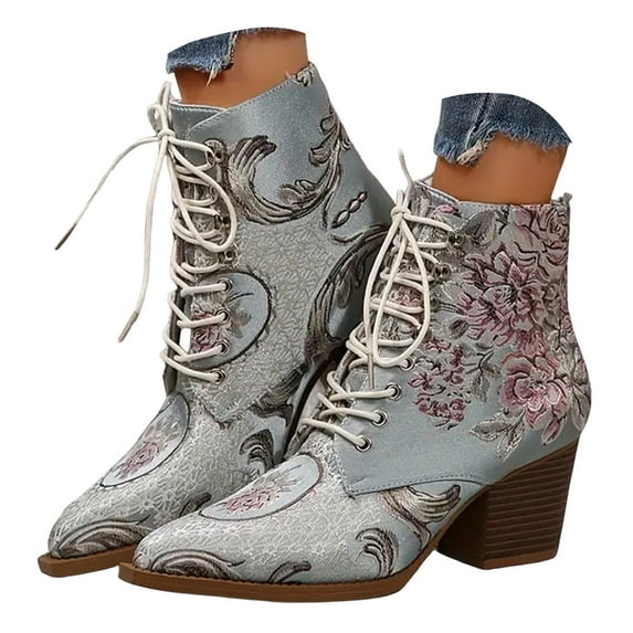 Women's Ethnic Embroidered Combat Boots Vintage Lace up Pointed Toe Chunky High Heel Short Dress Ankle Booties