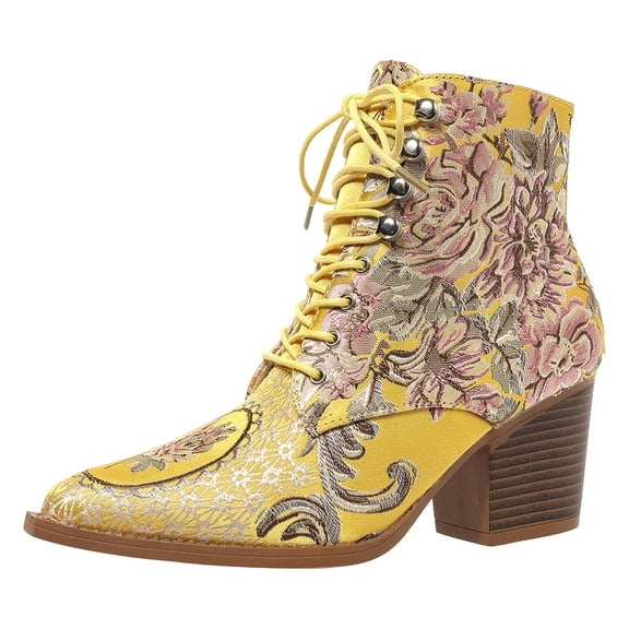 Women's Ethnic Embroidered Combat Boots Vintage Lace up Pointed Toe Chunky High Heel Short Dress Ankle Booties