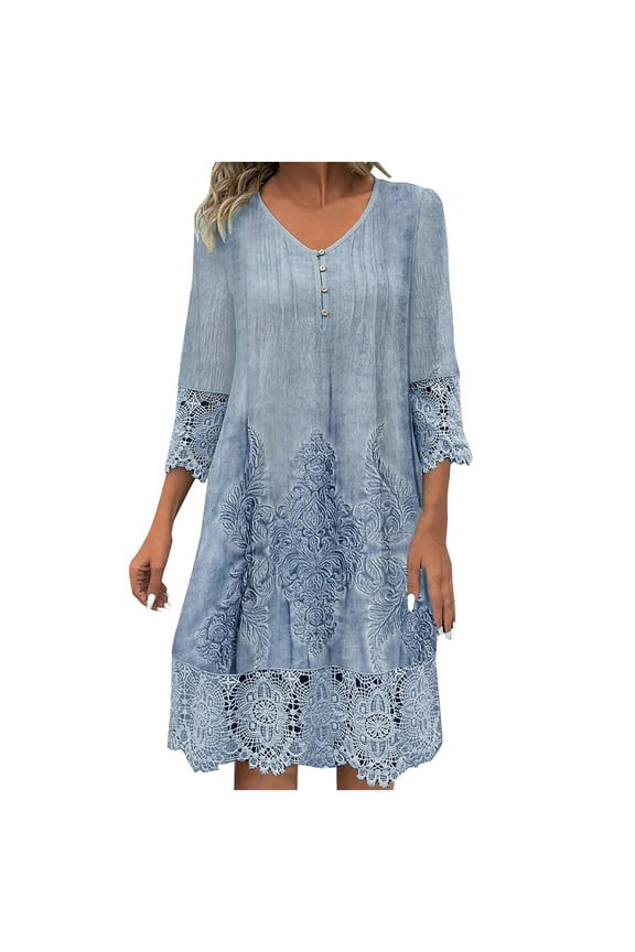 Women's Ethnic Floral Crochet T-Shirt Dress Lace Embroidered Mini Dresses 3/4 Sleeve V-Neck Loose Short Sundress