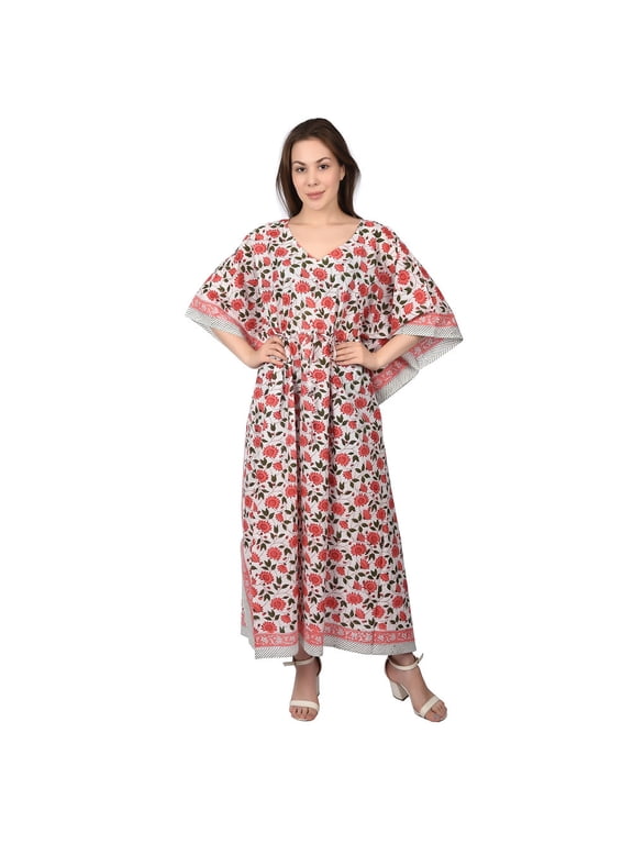 Women's Ethnic Hand Block Print Cotton Maxi Kaftan Nightwear beach wear caftan