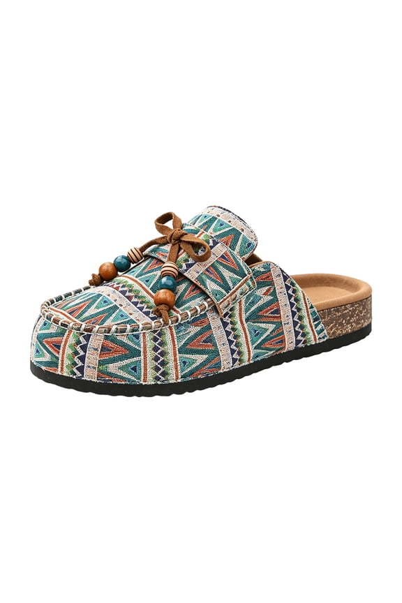 Women's Ethnic Mules Bow Beaded Wide Toe Box Backless Dress Shoes Slip On Platform Cork Footbed Walking Slides Green Size 6.5